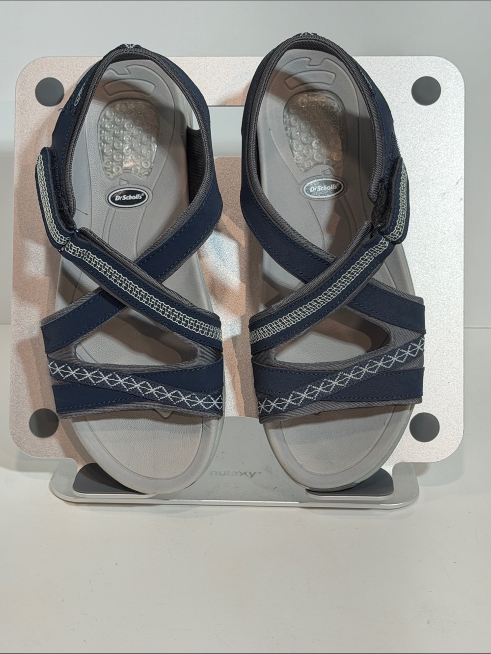 Dr Scholls Size 6.5 Navy Gray Strappy Walking Sandals Gel Heel Cushion Comfort